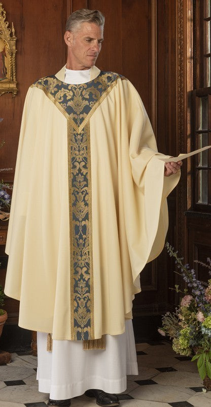 St Laurence Blue on Cream Chasuble: gold liturgical vestment for priest ...